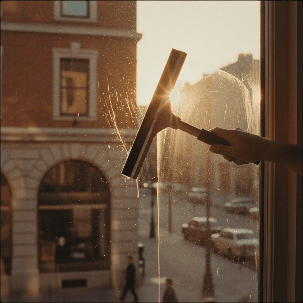 Professional window cleaner polishing exterior building glass
