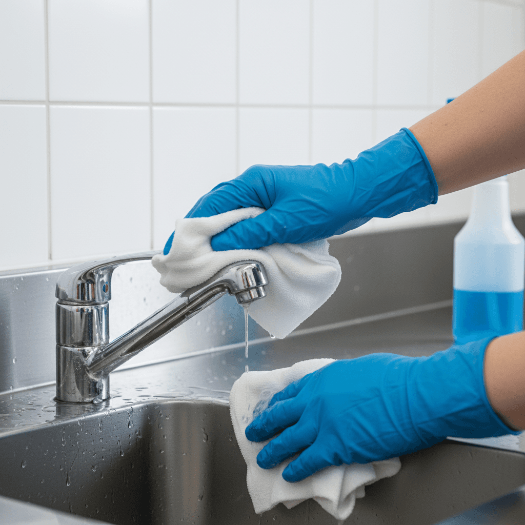 Professional cleaner disinfecting commercial restroom sink