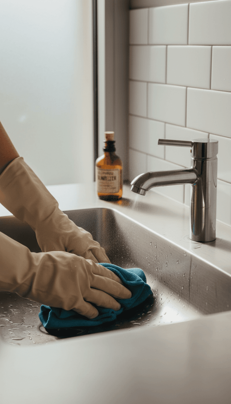 Close-up of professional restroom sanitation and sink cleaning