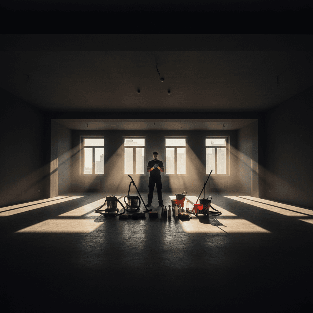 Professional cleaner preparing vacant apartment for deep cleaning