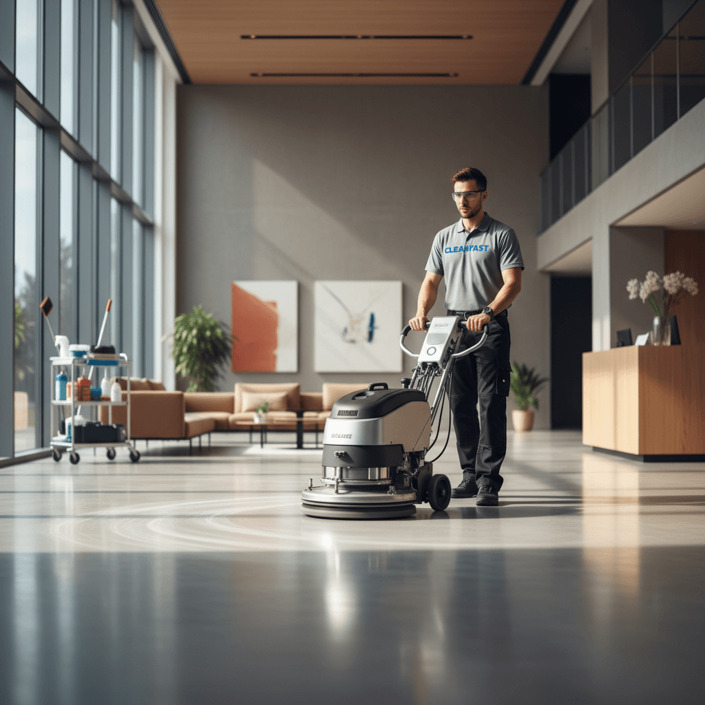 Commercial floor cleaner operating polishing machine in lobby