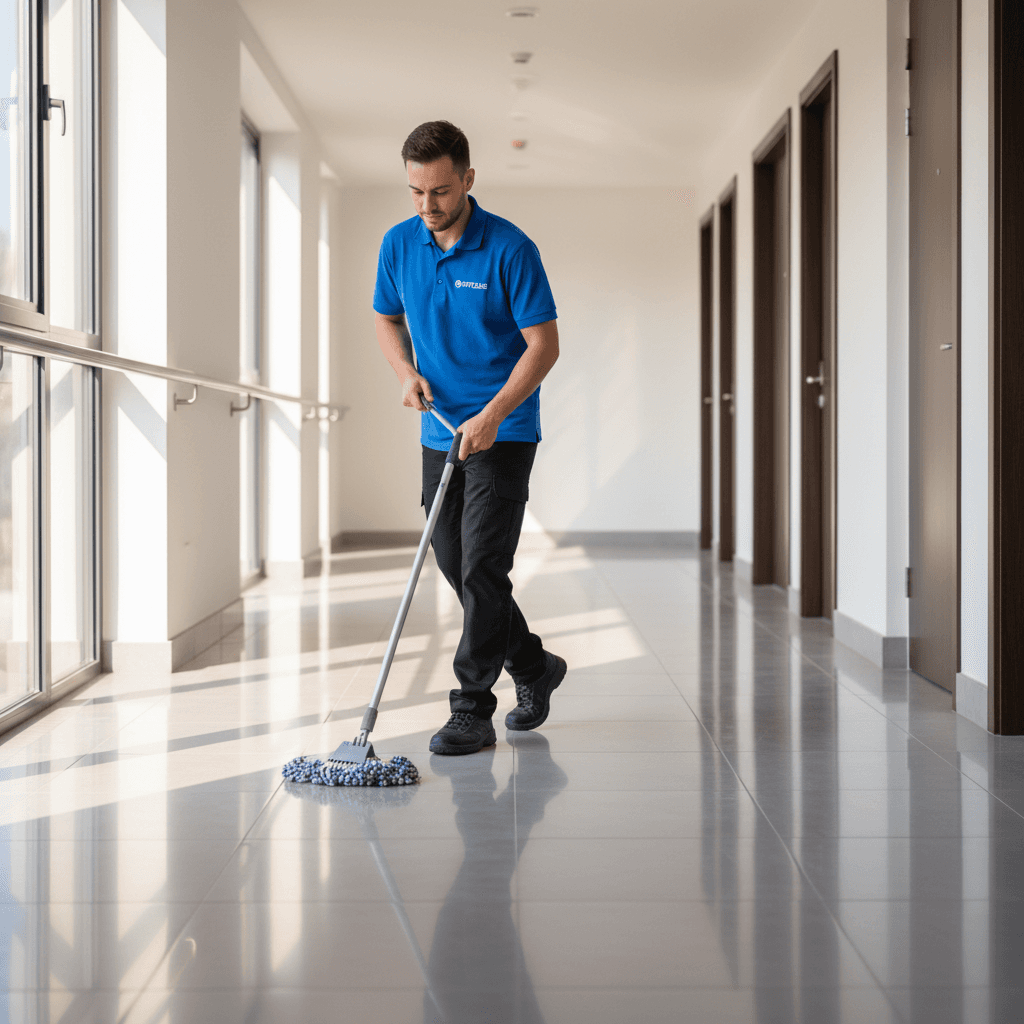 Professional cleaner mopping hallway in apartment building