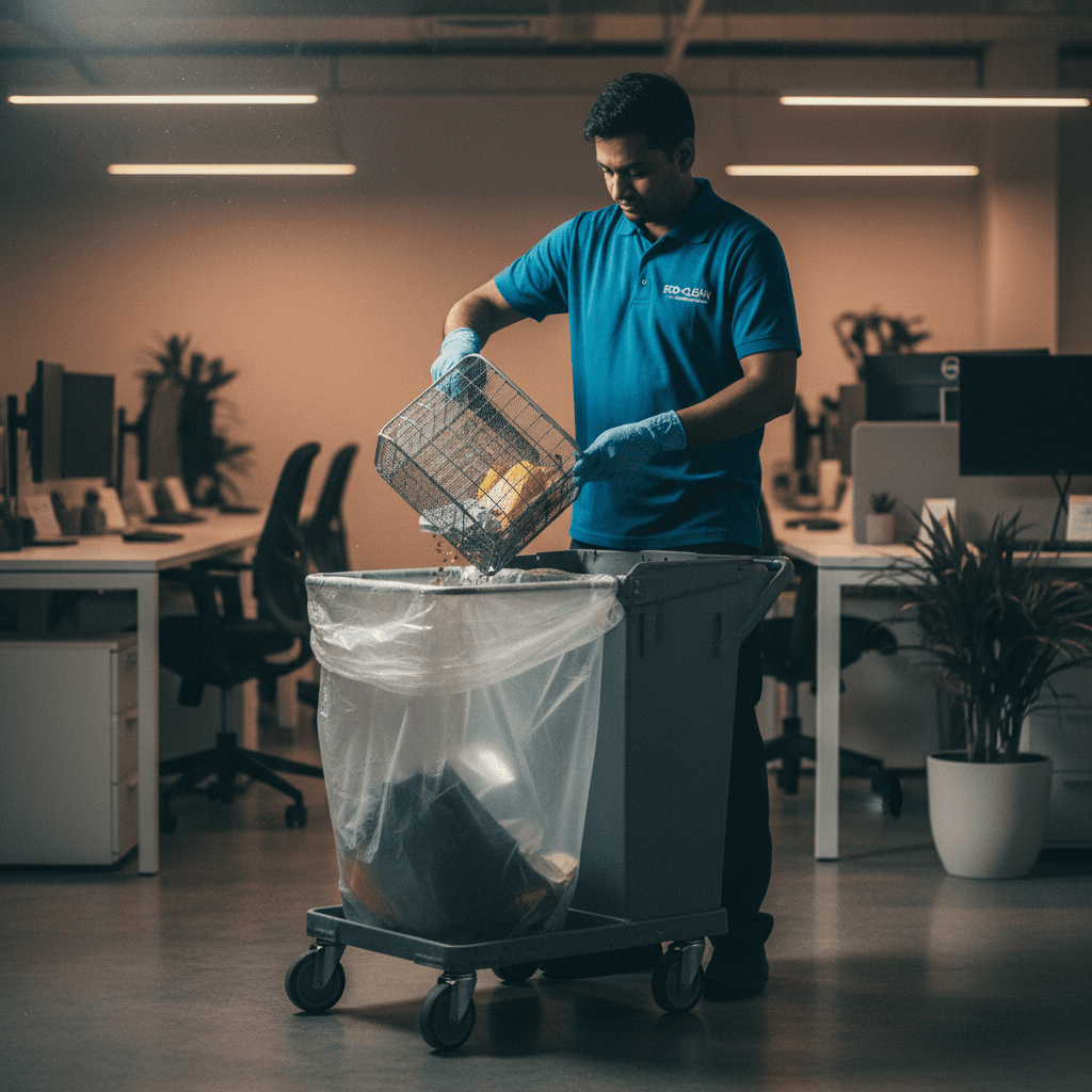 Office cleaner removing trash from wastebasket at workstation