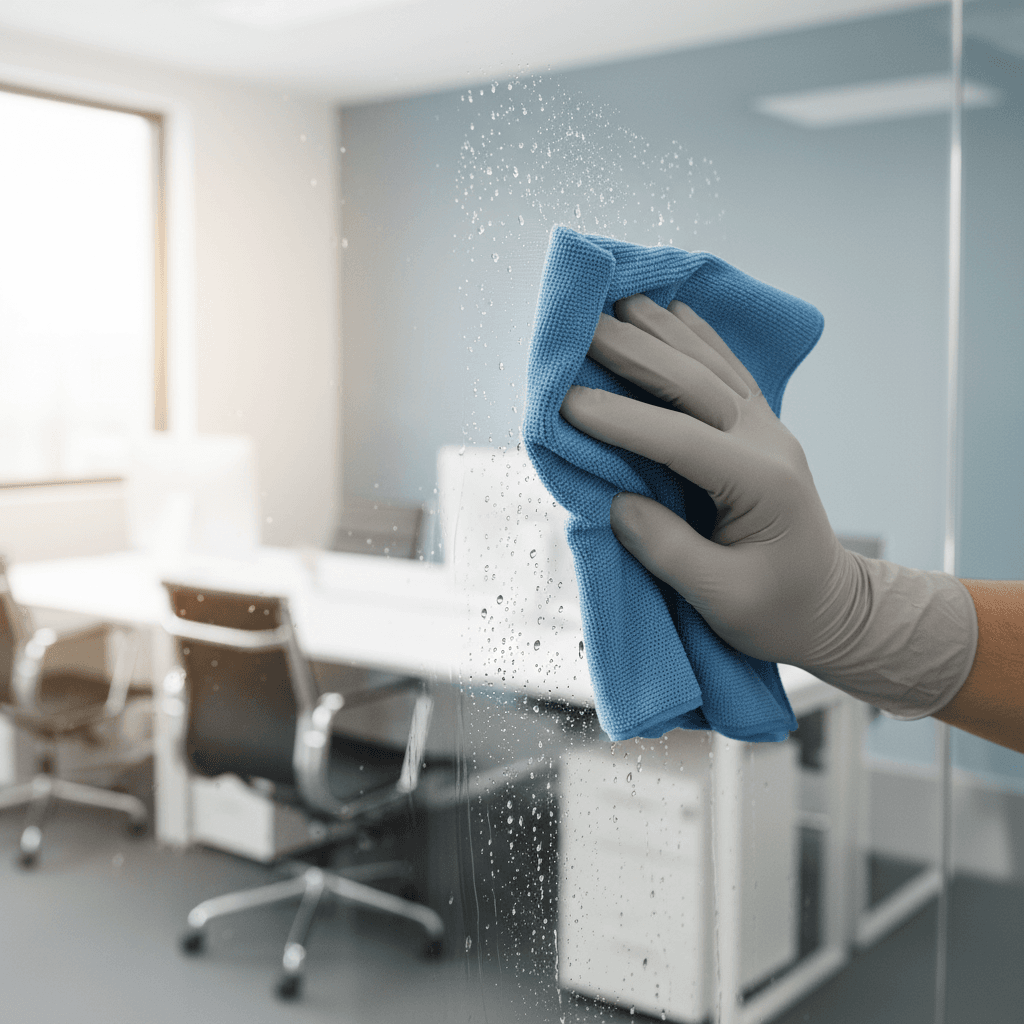 Professional cleaner maintaining glass surfaces in modern office building