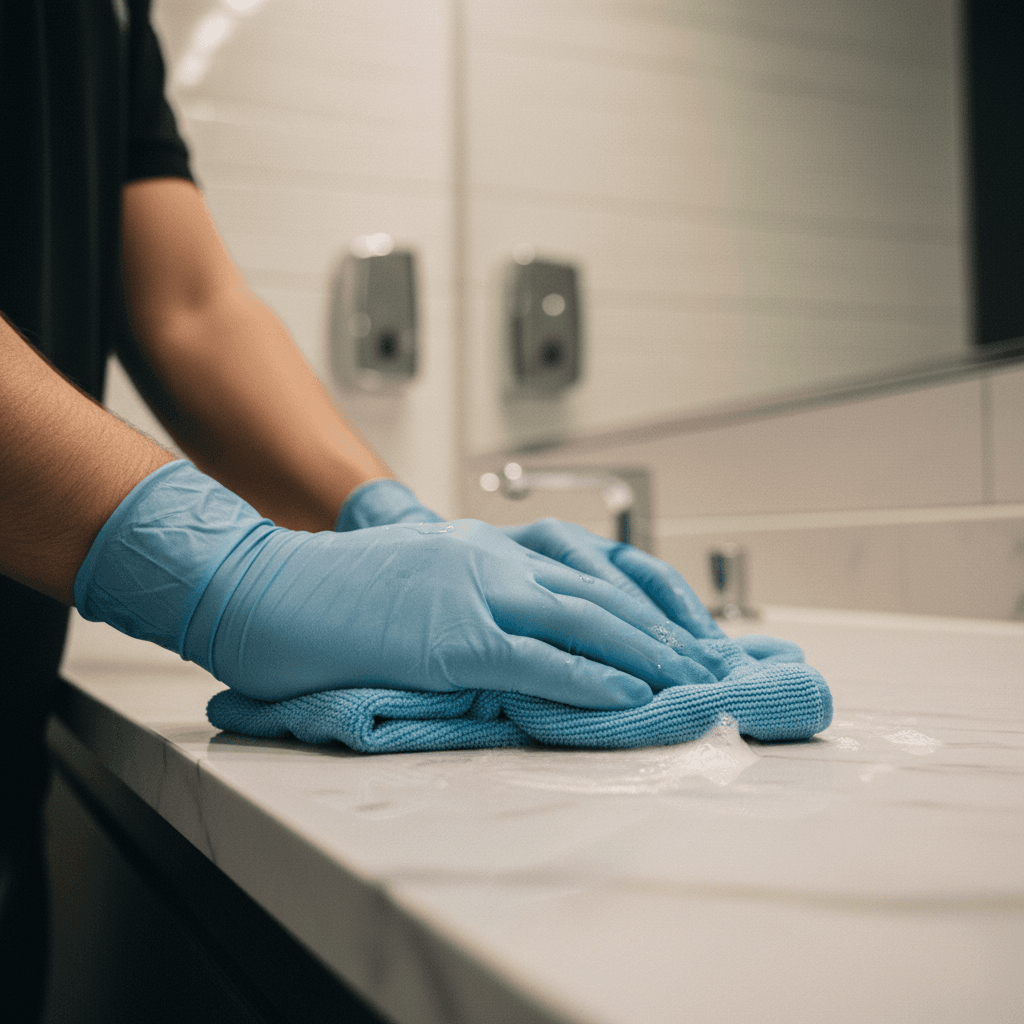 Detailed view of professional restroom sanitation and fixture cleaning